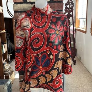 Vibrant Red and Blue Graphic Tunic with Mandarin Collar